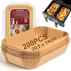 Set 200 bucăți hârtie de copt dreptunghiulară pentru friteuză cu aer cald (Air Fryer) cu două coșuri, 20.5 x 14 cm HONYAO, compatibilă Ninja Double Stack și Dual Zone 7.6L - 10L