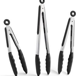 Set 3 clesti de bucatarie din inox cu varfuri din silicon termorezistent, mecanism de blocare, pentru gatit, servire si gratar / BBQ, Negru