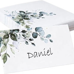Set 50 Cartonașe de Masă Tip Cort pentru Evenimente, 9 x 10 cm (Pliate 9 x 5 cm), Design Botanic Elegant cu Frunze Verzi, Carton Premium Finisat, Pre-pliate, pentru Nunți, Botezuri, Aniversări, Banchete și Mărturii