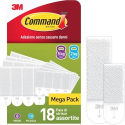 Set Benzi Dublu Adezive pentru Tablouri 3M Command, Pachet Mixt 18 Perechi (36 Benzi: 10 Mici + 8 Medii), Fixare Fără Cuie sau Găurire, Îndepărtare Fără Urme, Alb