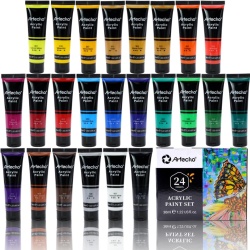 Set Culori Acrilice Artecho, 24 Tuburi x 36 ml (864 ml), Vopsea Acrilică Profesională Rezistentă la Apă și Lumină, Finisaj Lucios cu Uscare Rapidă, pentru Pânză, Lemn, Piatră, Ceramică, Sticlă și Textile