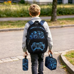 Set Ghiozdan Școlar Gamer 3 Piese cu Efect Fosforescent Glow-in-the-Dark, Ghiozdan Ergonomic și Impermeabil 25 L pentru Laptop 15.6", Penar Inclus, pentru Copii și Adolescenți 6-12 Ani, Albastru - Img 2