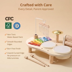 Set Muzical Complet de Tobe și Instrumente din Lemn pentru Copii 1-3 Ani Typec Home, Centru de Activități Sonore Montessori cu Xilofon, 2 Tobe, Chimval din Alamă, Clopoței de Vânt și Zornăitoare - Img 6