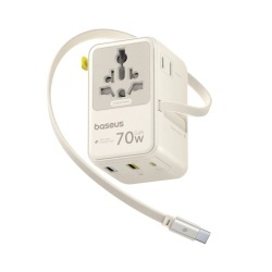 Adaptor de calatorie Baseus EnerCore CG11 6-in-1 70W, 2x AC, 2x USB-A 1x USB-C, cu cablu USB-C retractabil, Alb