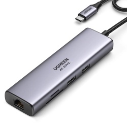 Adaptor Ugreen CM512 90568 USB-C - 2x USB-A 3.0 / HDMI / RJ45 / Cititor de carduri SD și TF / USB-C PD 100W - gri
