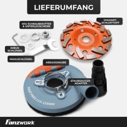 Aparatoare de aspirare a prafului pentru polizor unghiular (flex) 115–125 mm FANZWORK, include disc oala diamantat 125 mm pentru slefuit beton, sapa si adeziv gresie, calitate profesionala - Img 3