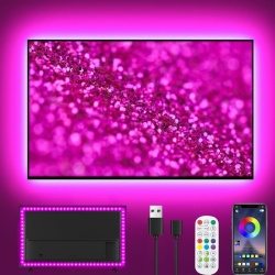 Bandă LED RGB pentru TV 45–75 Inch, 5 Metri, 16 Milioane de Culori, Sincronizare cu Muzica, Control Bluetooth prin Aplicație și Telecomandă, Alimentare USB 5V