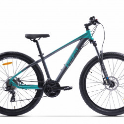 Bicicleta MTB Pegas Drumet, cadru aluminiu, marime XS, 24 viteze, manete schimbator Shimano, frane disc fata/spate, roti 27.5 inch, Turcoaz