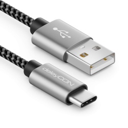 Cablu USB-C la USB-C deleyCON 2 m, Împletitură din Nailon, Conectori Metalici, Încărcare Rapidă și Sincronizare Date, pentru Smartphone și Tablete