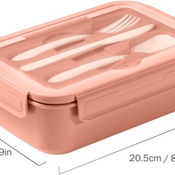 Caserolă Alimentară Bento 1400 ml, 3 Compartimente Detașabile, Set Tacâmuri Inclus, Etanșare Antiscurgere, Compatibilă cu Microunde și Mașina de Spălat Vase, Roz - Img 5