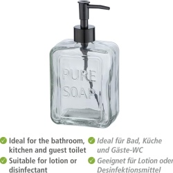 Dozator Reîncărcabil de Săpun Lichid din Sticlă Masivă 550 ml, Formă Cubică cu Muchii Verticale, Pompă Neagră Mată, Inscripție Pure Soap, pentru Baie și Bucătărie - Img 6