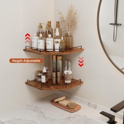 Etajeră de Colț Suspendată cu 2 Niveluri Typec Home (12 Inch / ~30 cm), Formă Hexagonală / Evantai cu Grilaj de Protecție și Orificiu pentru Cabluri, Lemn Rustic Maro și Suport Metalic - Img 2