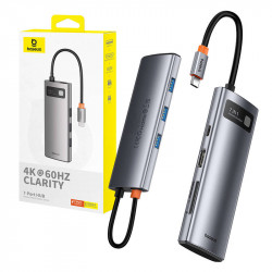 Hub 7in1 Baseus Gleam, USB-C la 1x HDMI4K 60Hz + 3x USB3.0 + 1x PD + 1x SD/TF (gri)