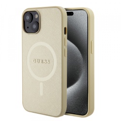 Husa MagSafe pentru Apple iPhone 15 Plus, Guess, Saffiano, Aurie