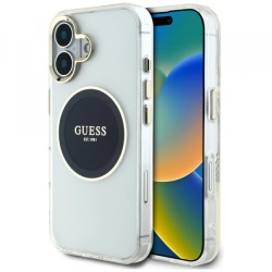 Husa MagSafe pentru Apple iPhone 16, Guess, IML Metal Colored Circle, Neagra