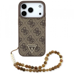 Husa MagSafe pentru Apple iPhone 17 Pro, Guess, 4G Triangle Logo with Pearl Strap, Maro