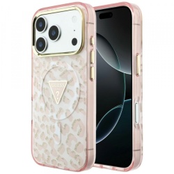Husa MagSafe pentru Apple iPhone 18 Pro / 17 Pro, Guess, Leopard Glitter Triangle Logo, Roz