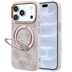 Husa MagSafe pentru Apple iPhone 18 Pro / 17 Pro, Guess, Ring Stand 360 4G Classic Logo, Roz