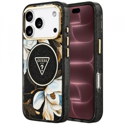 Husa MagSafe pentru Apple iPhone 18 Pro Max / 17 Pro Max, Guess, IML Metal Glitter Flowers Triangle, Neagra