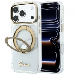 Husa MagSafe pentru Apple iPhone 18 Pro Max / 17 Pro Max, Guess, Ring Stand Script Metal Logo, Transparenta