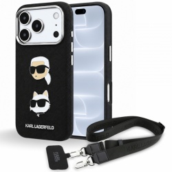 Husa pentru Apple iPhone 18 Pro / 17 Pro, Karl Lagerfeld, Saffiano Crossbody Karl & Choupette Head's Pins Logo, Neagra