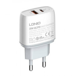 Incarcator de perete LDNIO A2424C, USB + USB-C, PD + QC 3.0, 20W (alb)
