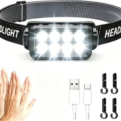 Lanternă de Cap Typec LED Reîncărcabilă USB-C, Senzor de Mișcare, 5 Moduri Iluminare, Rezistentă la Apă , Bandă Reglabilă pentru Camping, Pescuit, Atelier