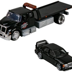 MAISTO DESIGN ELITE TRANSPORT SET CAMION CU RAMPA INTERNATIONAL DURASTAR FLATBED SI MASINUTA MERCEDES BENZ 190E 1990 SCARA 1 LA 64 - Img 2