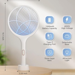 Paletă electrică anti-insecte și țânțari 4000V, mod dublu de funcționare (manual și lampă UV), reîncărcabilă USB, plasă de protecție pe 3 straturi, Alb - Img 5