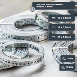 Plabanda Bandă Perforată de Montaj HELPMATE 3 m x 20 mm x 0.8 mm, Oțel Galvanizat Sendzimir, Chingă Metalică Lată pentru Suspendare Rigide, Fixare Țevi, Cabluri și Lucrări de Construcție/DIY, Argintiu - Img 6