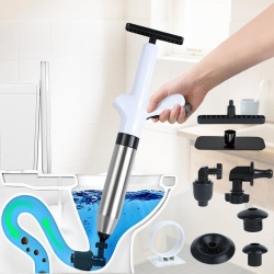 Pompă Pneumatică de Desfundat Țevi cu Aer Comprimat de Înaltă Presiune, Barometru Integrat, Corp Inox și 4 Adaptoare din Cauciuc Natural, Deblocare Rapidă Fără Chimicale pentru Toaletă, Chiuvetă, Cadă, Duș și Sifon de Pardoseală
