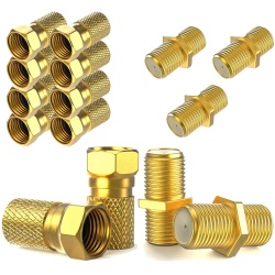 Set 10 Conectori F de 7 mm cu Filet + 5 Adaptoare F Mamă-Mamă, Conectori Coaxiali Placați cu Aur pentru Cablu TV / Satelit, Garnitură de Etanșare și Piuliță Lată