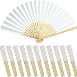 Set 12 evantai de hârtie și bambus Elegant Celebration, evantaie pliabile elegante pentru nunți și petreceri în aer liber, mâner neted din bambus fără așchii, design alb pur personalizabil DIY, deschidere de 38 cm