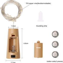 Set 12 Instalații Luminoase Tip Dop pentru Sticle , 2 Metri, 20 LED-uri, Fir Argintiu Flexibil, Alimentare cu Baterii, Lumină Alb Cald, Clasa A - Img 7