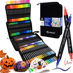 Set 120 Markere Acrilice cu Vârf Dublu Artecho (Vârf Pensulă 0.5-5 mm și Vârf Fin 1 mm), Cerneală pe Bază de Apă, Rezistente la Apă, pentru Pictură pe Piatră, Pânză, Lemn, Sticlă, Ceramică, Textil, Husă de Depozitare Inclusă