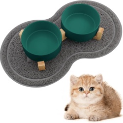 Set 2 Boluri din Ceramică pentru Pisici și Căței cu Suport din Lemn de Bambus, Capacitate 2 x 400 ml, Poziție Ergonomică Anti-Reflux, Verde