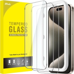 Set 3 Folii de Protecție din Sticlă Securizată JETech pentru iPhone 15 Pro Max, Duritate 9H, Ultra-Transparente, cu Cadru de Montare