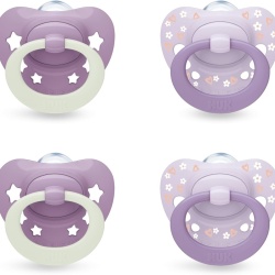Set 4 Suzete Ortodontice NUK First Choice Classic Night, 0–6 Luni, Fosforescente, Mov