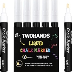 Set 5 markere cu cretă lichidă albă lavabilă TWOHANDS, vârf reversibil rotund și bizotat 3 mm - 4.5 mm, pentru tablă neagră, geam, sticlă și vitrine