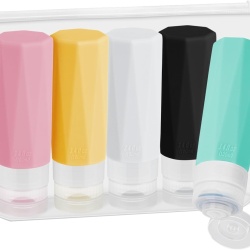 Set 5 Recipiente de Călătorie din Silicon, Sticluțe Refolosibile 100 ml 100% Etanșe cu Geantă de Depozitare, pentru Șampon și Cosmetice