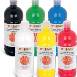 Set 6 culori tempera lavabilă pentru copii PRIMO, 1 litru cu dozator/pompă, vopsea lavabilă pentru hârtie, carton, pânză, sticlă, +3 ani