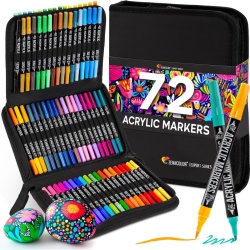 Set 72 Markere Acrilice Zenacolor cu Vârf Dublu (Extra-Fin & Pensulă), Vopsea Permanentă cu Uscare Rapidă, Cutie de Transport, pentru Piatră, Sticlă, Ceramică, Lemn, Pânză și Textile
