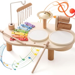 Set Muzical Complet de Tobe și Instrumente din Lemn pentru Copii 1-3 Ani Typec Home, Centru de Activități Sonore Montessori cu Xilofon, 2 Tobe, Chimval din Alamă, Clopoței de Vânt și Zornăitoare
