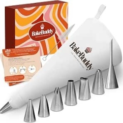 Set poș reutilizabil pentru decorat torturi și prăjituri (11 piese), sac din bumbac 35 cm, duiuri/șprițuri din inox, adaptor și cutie cadou