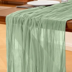 Traversă de masă decorativă Cheesecloth, 300 x 90 cm, Verde Salvie (Sage Green), din pânză topită tip tifon stil Boho/Rustic, pentru nunți, botezuri, petreceri și sărbători - Img 3