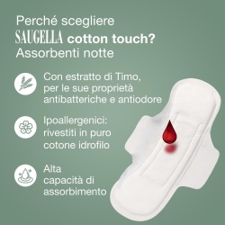 Absorbante de Noapte cu Aripioare Saugella Cotton Touch, 100% Bumbac, Protecție Activă cu Extract de Cimbru (Thymus Vulgaris), Hipoalergenice, 36 Bucăți - Img 9