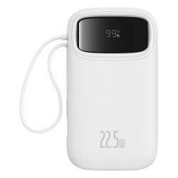 Baterie externa Baseus Qpow2, 10.000 mAh, cablu dual USB-C si Lightning incorporat, Incarcare rapida, 22.5W, Digital Display, Alb
