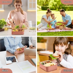 Caserolă Alimentară Bento 1400 ml, 3 Compartimente Detașabile, Set Tacâmuri Inclus, Etanșare Antiscurgere, Compatibilă cu Microunde și Mașina de Spălat Vase, Roz - Img 2