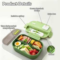 Casetă de Prânz tip Bento cu 3 Compartimente Echehi 1100 ml, Recipient pentru Prepararea Maselor cu Lingură și Furculiță Incluse, Compatibilă cu Cuptorul cu Microunde, pentru Adulți și Copii, Școală și Birou - Img 4