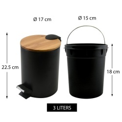 Coș de Gunoi cu Pedală pentru Baie Spirella ADONIS (Capacitate 3 L), Oțel Inoxidabil Negru Mat, Capac din Lemn de Bambus cu Închidere Lentă Easy-Close, Recipient Interior Detașabil, Ø 17 x 22.5 cm - Img 6